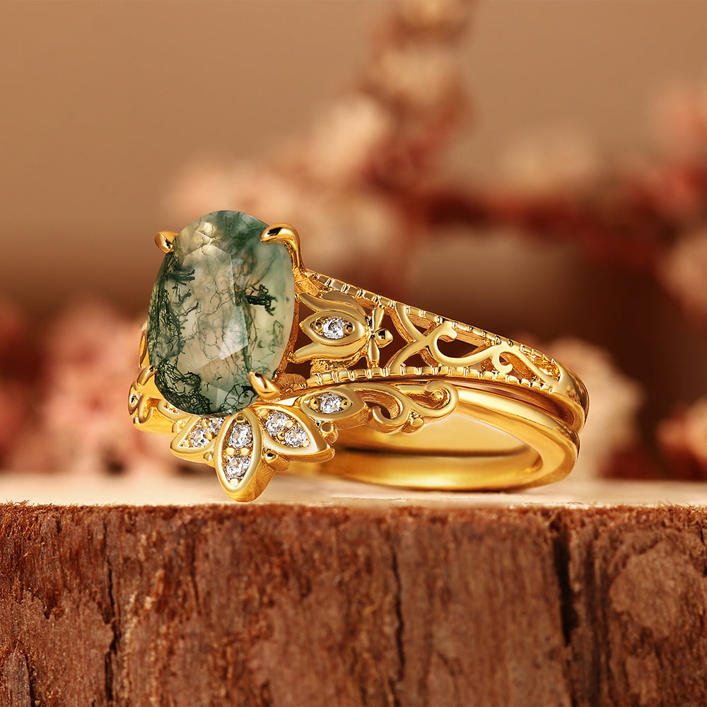 Oval Cut Moss Agate Bridal Ring Set, Vintage Filigree Ring with Matching Band