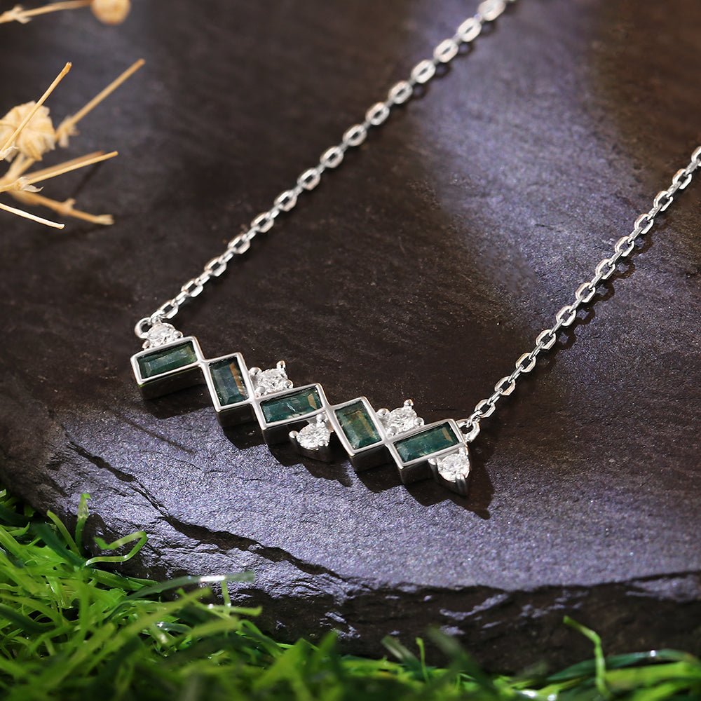 2x4mm Baguette Cut Moss Agate Accents Wave Design Pendant Necklace