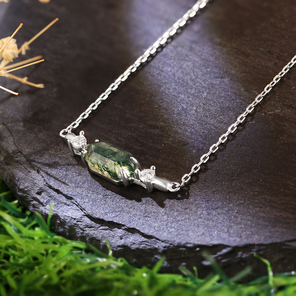 5x10mm Hexagon Cut Moss Agate Nature Inspired Pendant Necklace