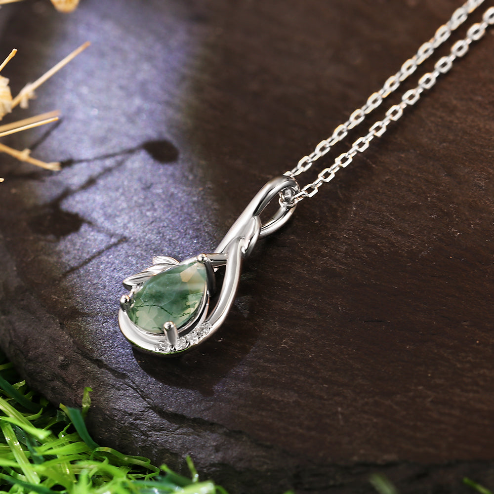 Natural 6x8mm Pear Cut Moss Agate Twisted Vine Pendant Necklace