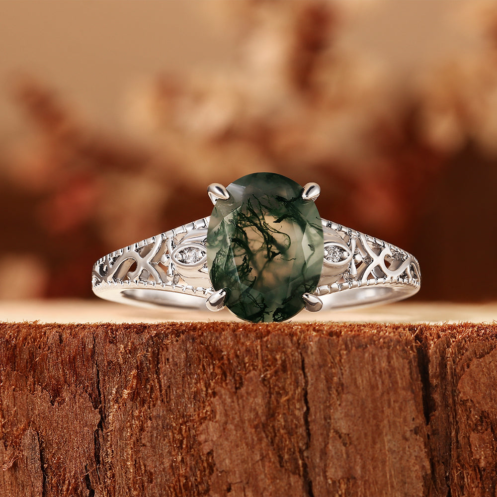 Unique Oval Cut Moss Agate Engagement Ring with Filigree Detail, Romantic Nature Inspired Ring