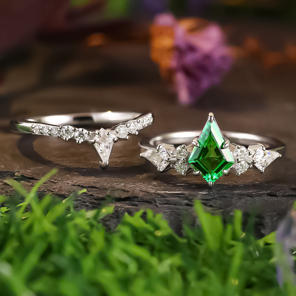 1.23 ct Kite Cut Lab Emerald Cluster Engagement Ring Nature Inspired Bridal Ring Set