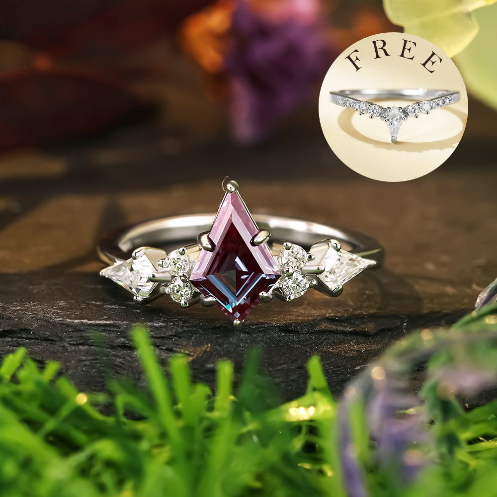 [Buy 1 Get 1 Free]1.49 ct Kite Cut Lab Alexandrite Cluster Engagement Ring Nature Inspired Bridal Ring Set
