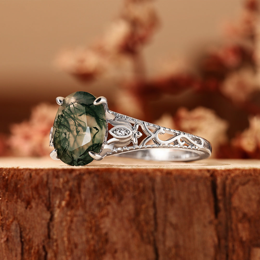 Unique Oval Cut Moss Agate Engagement Ring with Filigree Detail, Romantic Nature Inspired Ring