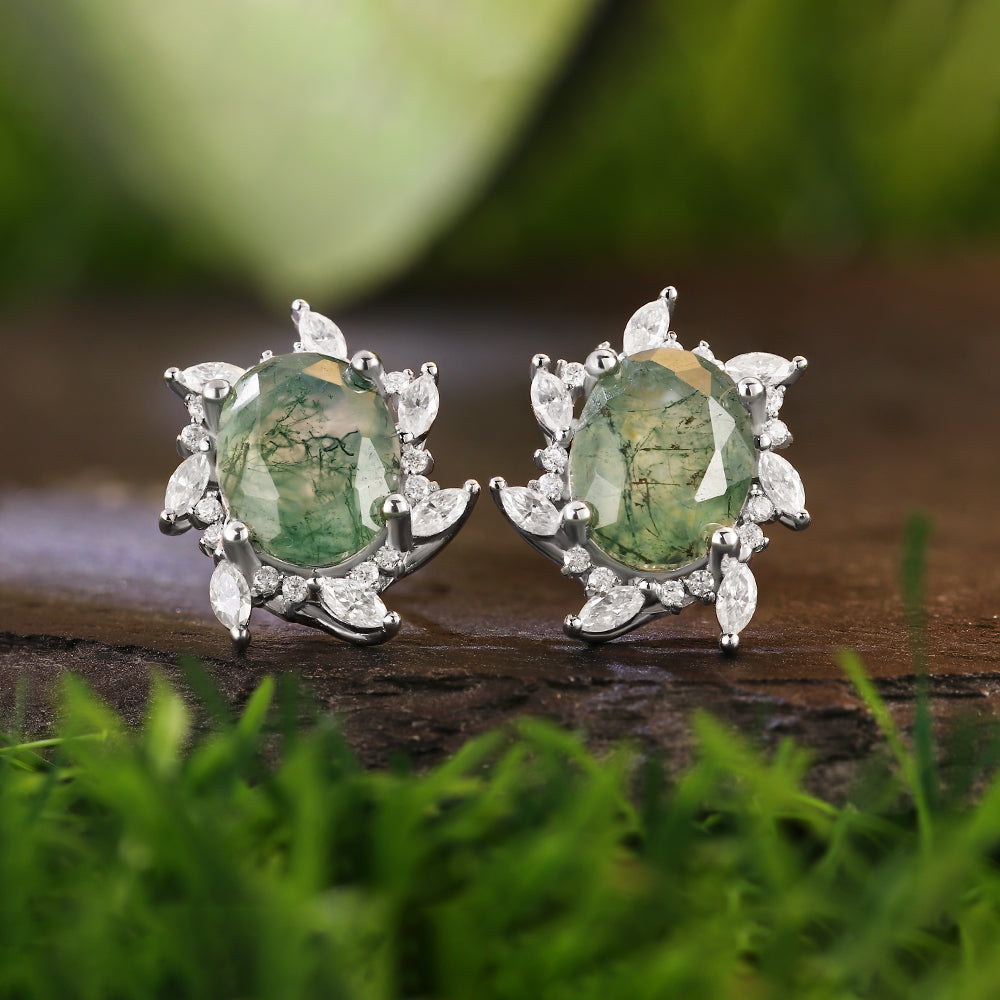 Natural 7x9mm Oval Cut Moss Agate Halo Vintage Nature-Inspired Earrings