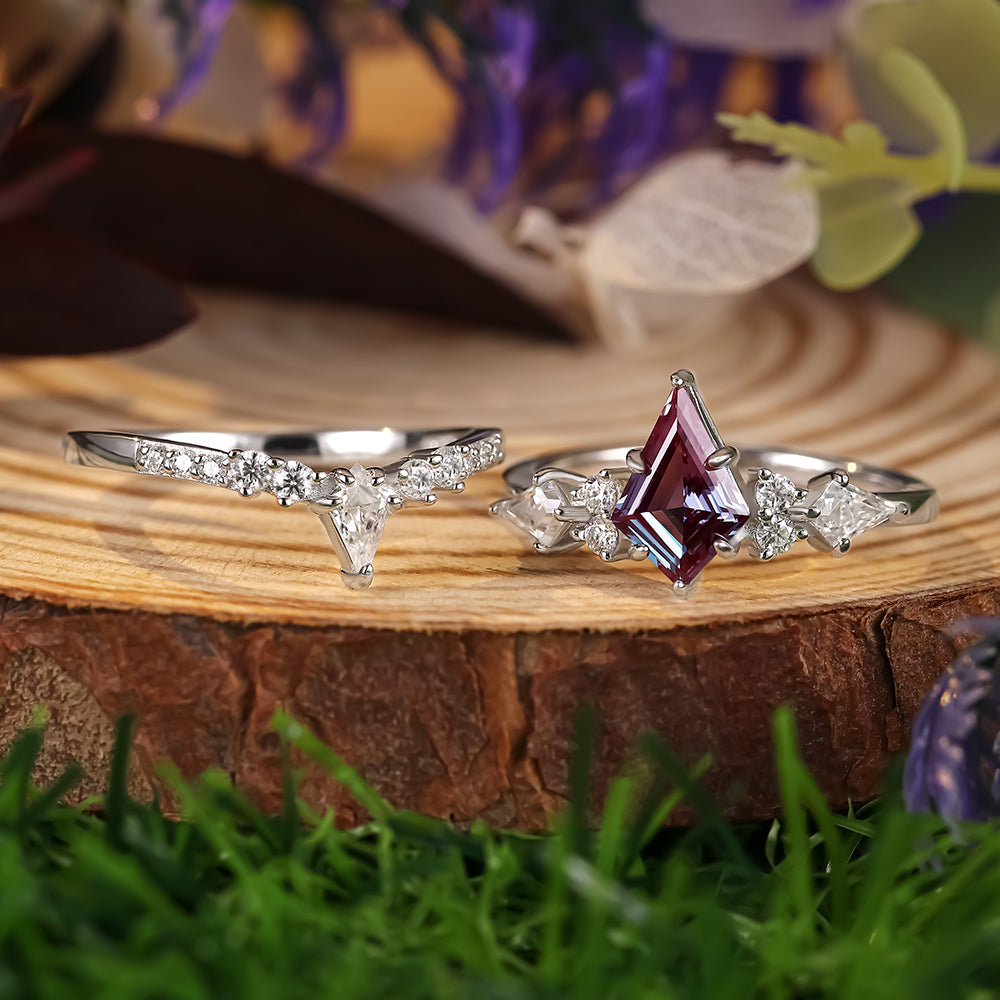 1.49 ct Kite Cut Lab Alexandrite Cluster Engagement Ring Nature Inspired Bridal Ring Set
