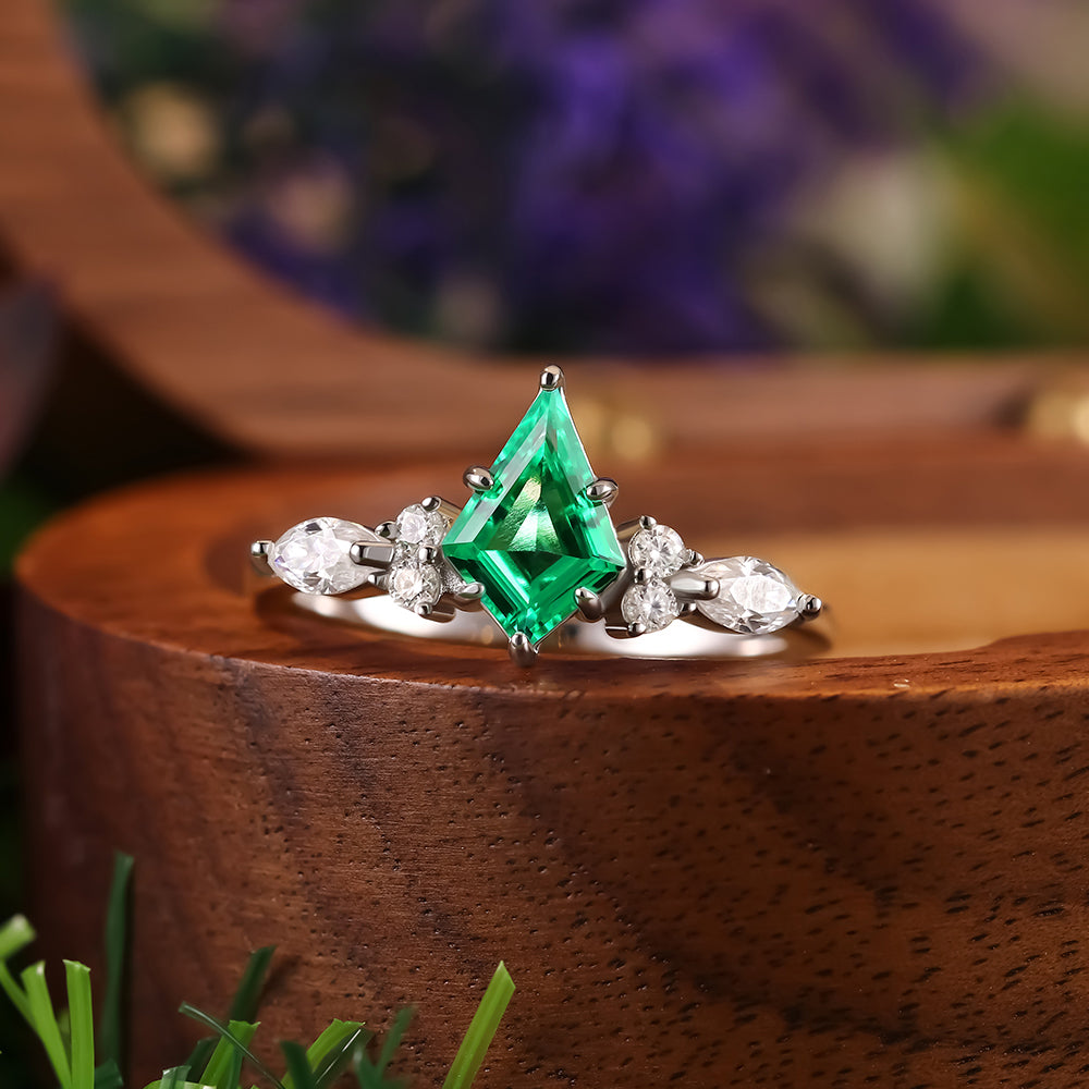 1.23 ct Kite Cut Lab Emerald Cluster Engagement Nature Inspired Bridal Ring Set