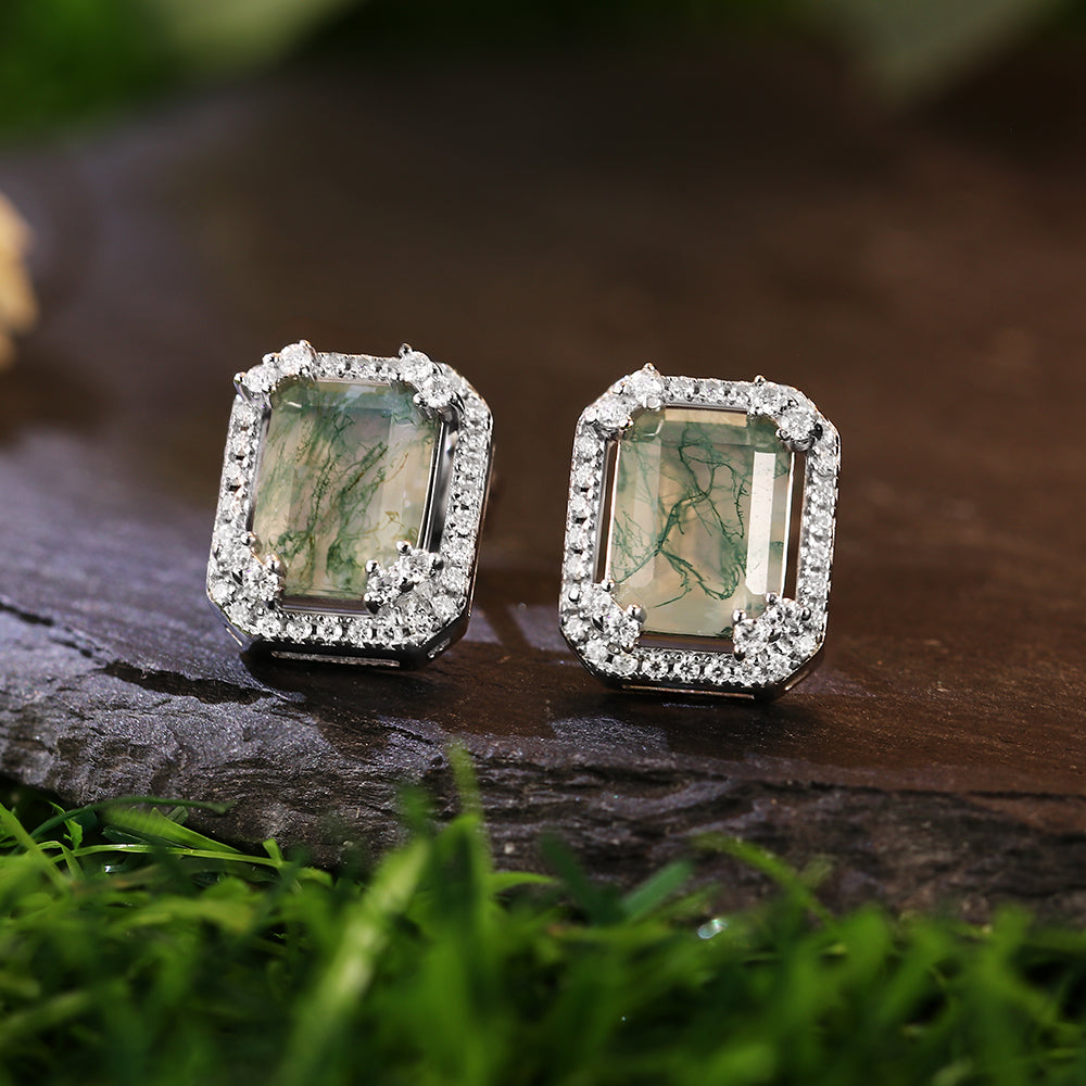 Natural 6x8mm Emerald Cut Moss Agate Halo Earrings
