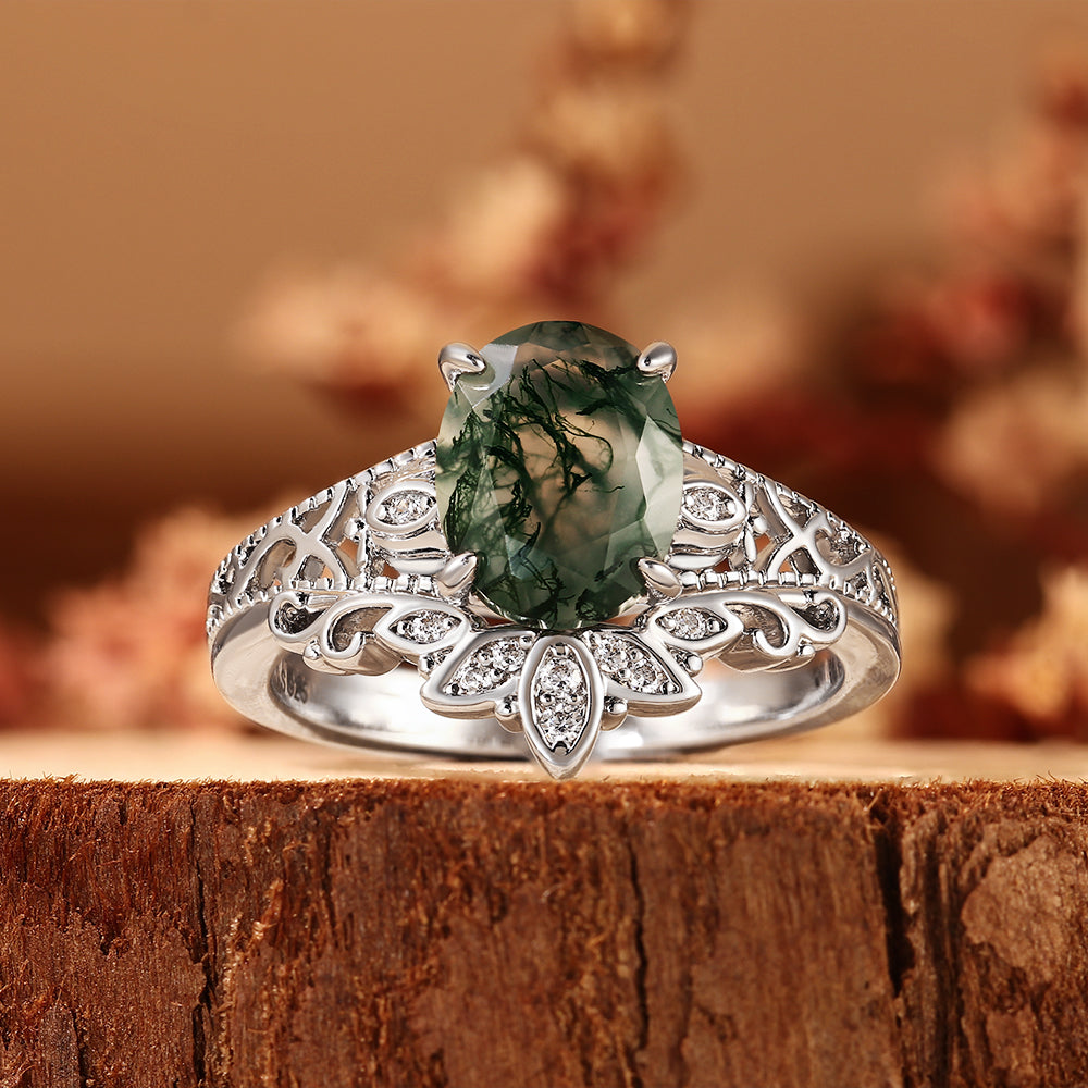 Oval Cut Moss Agate Bridal Ring Set, Vintage Filigree Ring with Matching Band