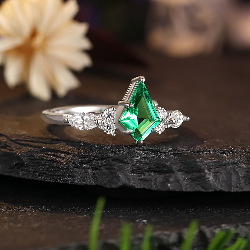 [Buy 1 Get 1 Free]1.23 ct Kite Cut Lab Emerald Cluster Engagement Nature Inspired Bridal Ring Set