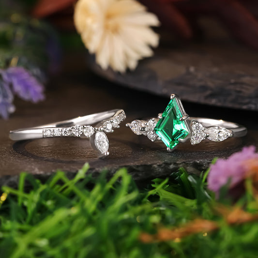 1.23 ct Kite Cut Lab Emerald Cluster Engagement Nature Inspired Bridal Ring Set