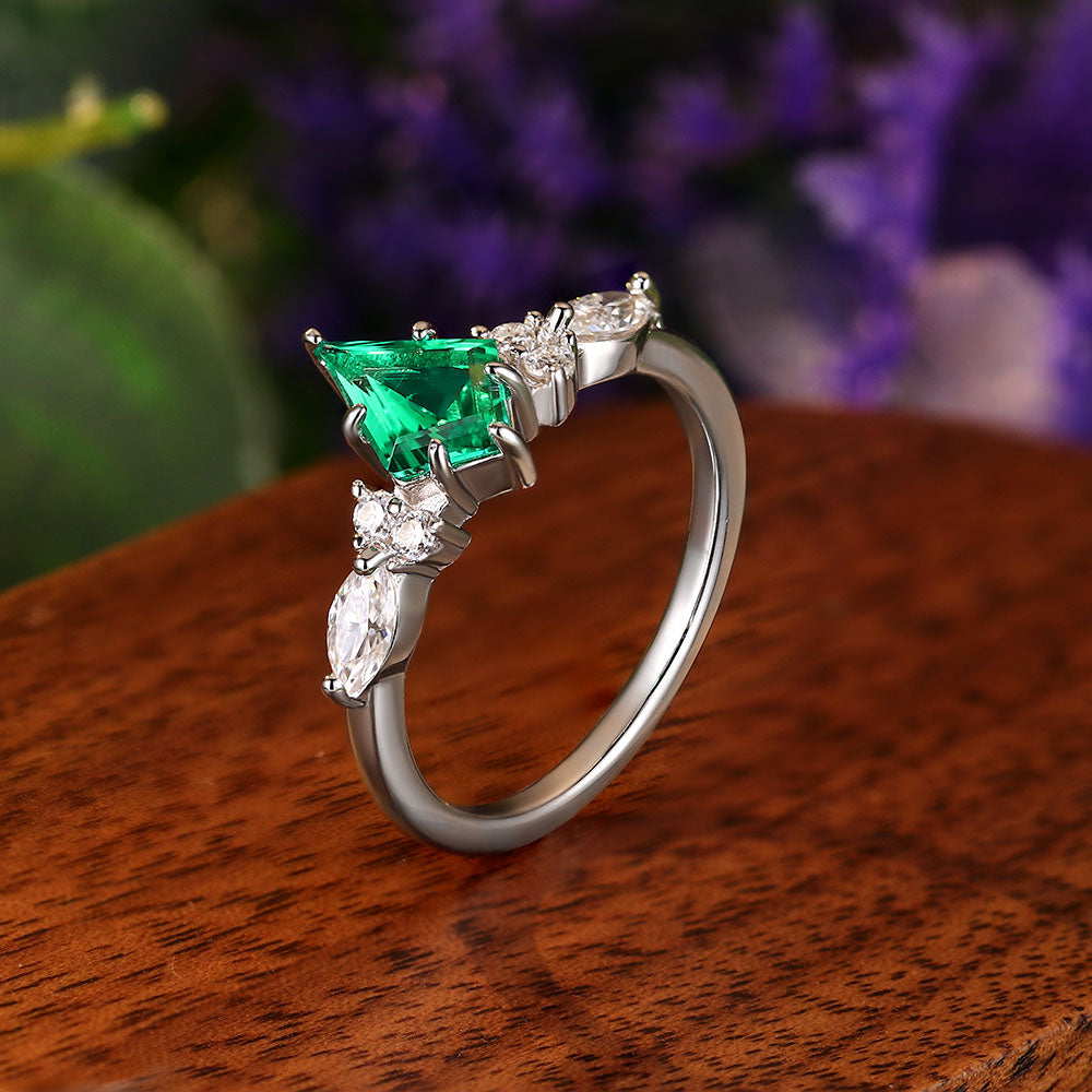 1.23 ct Kite Cut Lab Emerald Cluster Engagement Nature Inspired Bridal Ring Set