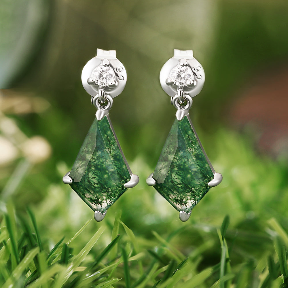 Natural 8x12mm Kite Cut Moss Agate Earrings