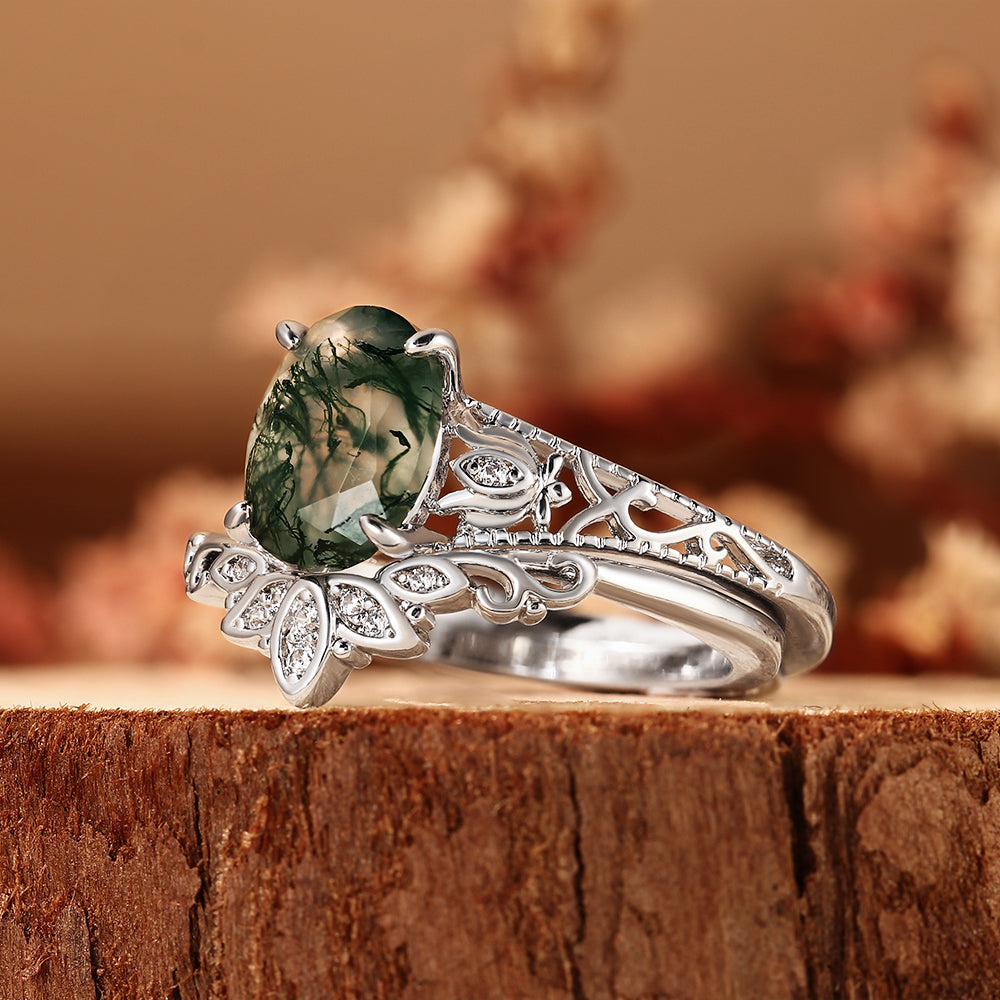 Oval Cut Moss Agate Bridal Ring Set, Vintage Filigree Ring with Matching Band