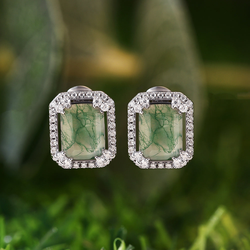 Natural 6x8mm Emerald Cut Moss Agate Halo Earrings