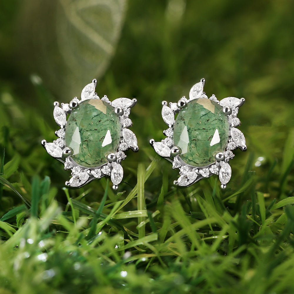 Natural 7x9mm Oval Cut Moss Agate Halo Vintage Nature-Inspired Earrings