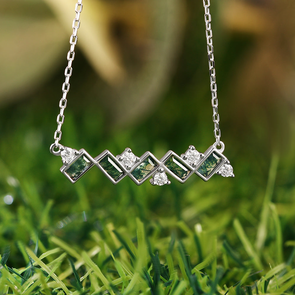 2x4mm Baguette Cut Moss Agate Accents Wave Design Pendant Necklace