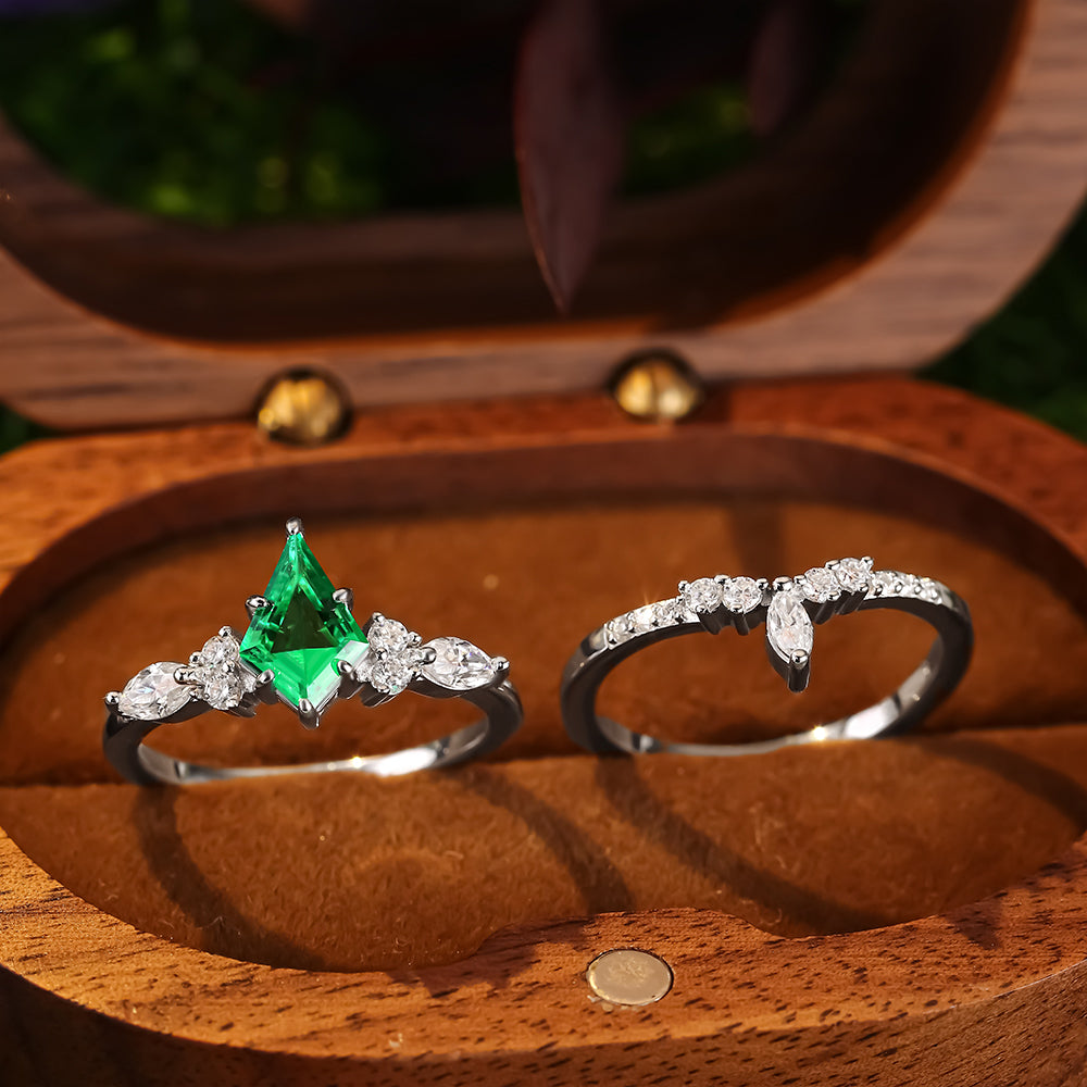 [Buy 1 Get 1 Free]1.23 ct Kite Cut Lab Emerald Cluster Engagement Nature Inspired Bridal Ring Set