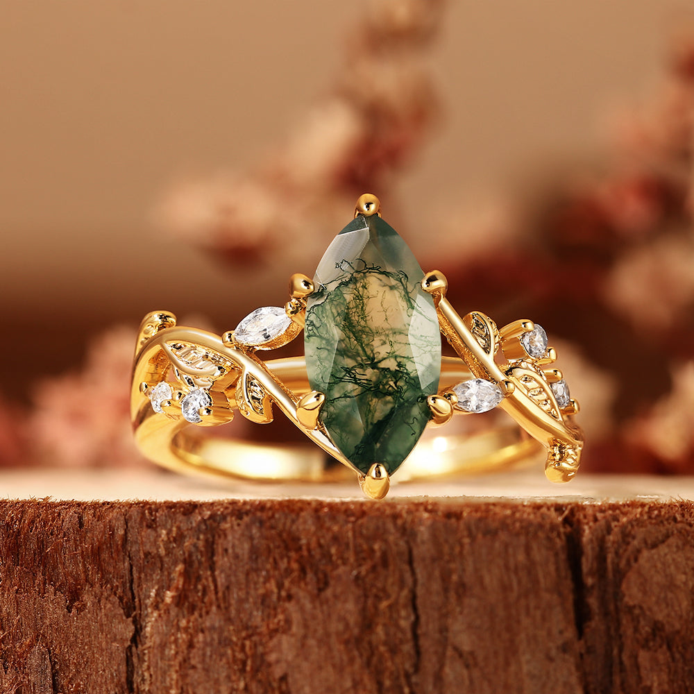Marquise Cut Moss Agate Engagement Ring, Nature Inspired Leaf Vine Ring