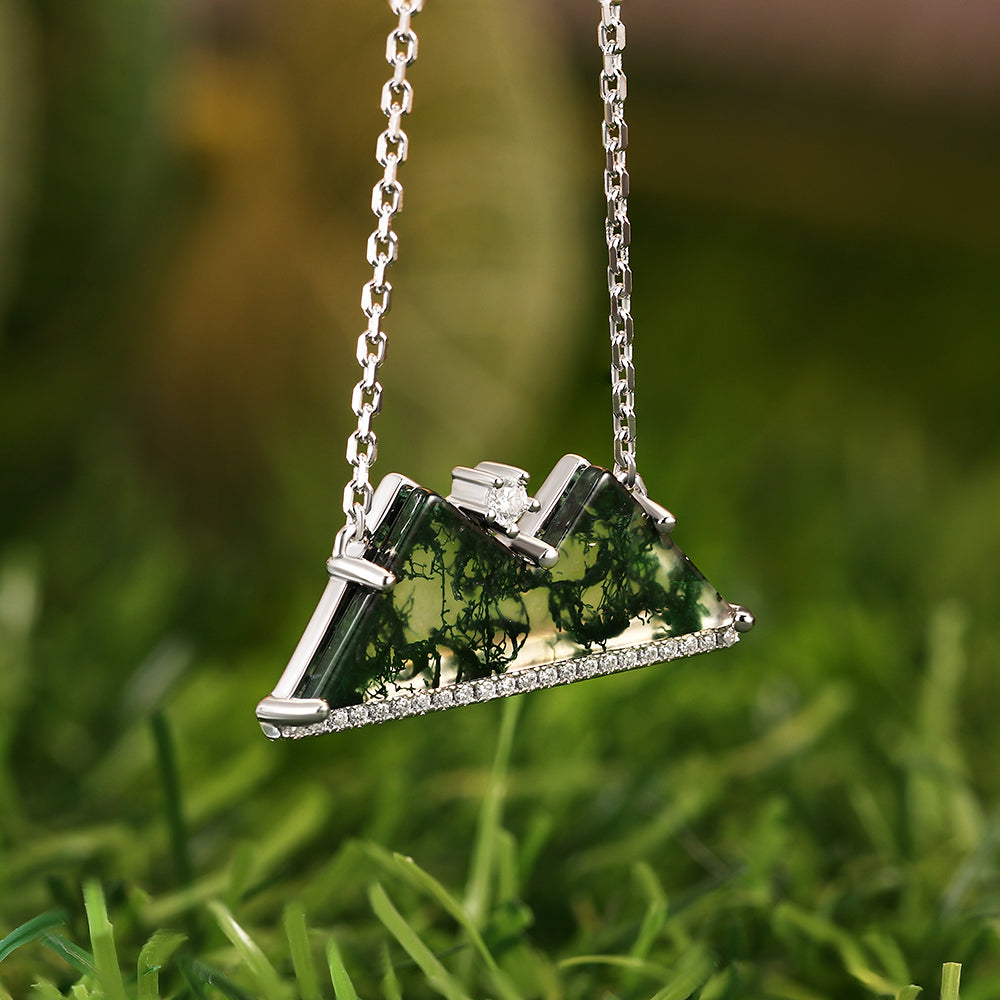 Nature Inspired 9x24mm Mountain Shape Moss Agate Pendant Necklace