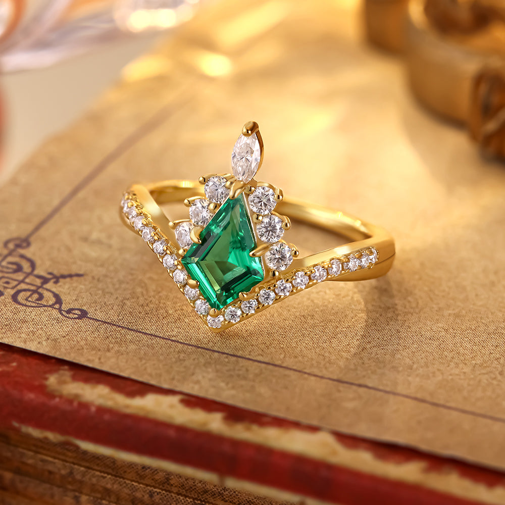 1.09 ct Kite Cut Lab Emerald Accents Engagement Ring