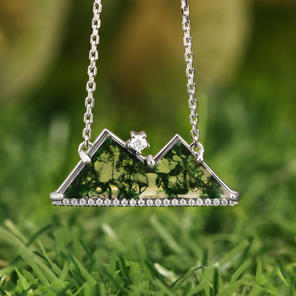 Nature Inspired 9x24mm Mountain Shape Moss Agate Pendant Necklace
