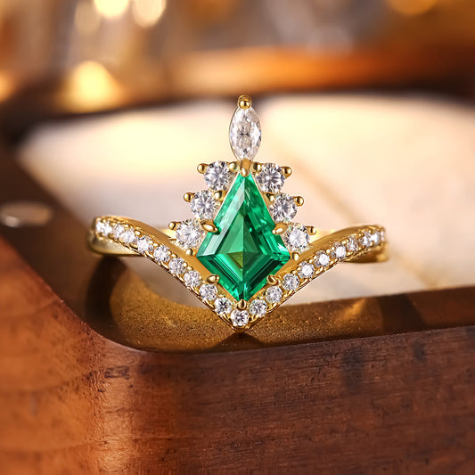 1.09 ct Kite Cut Lab Emerald Accents Engagement Ring