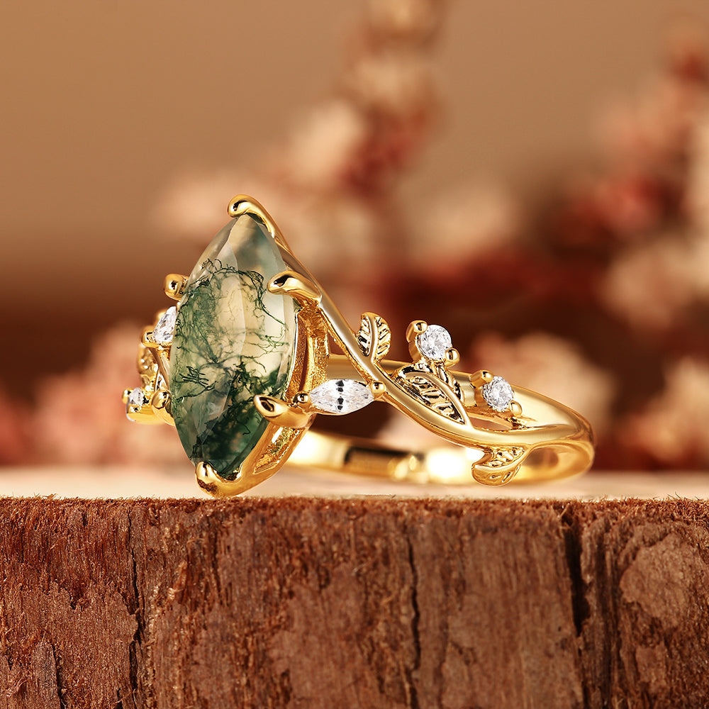 Marquise Cut Moss Agate Engagement Ring, Nature Inspired Leaf Vine Ring