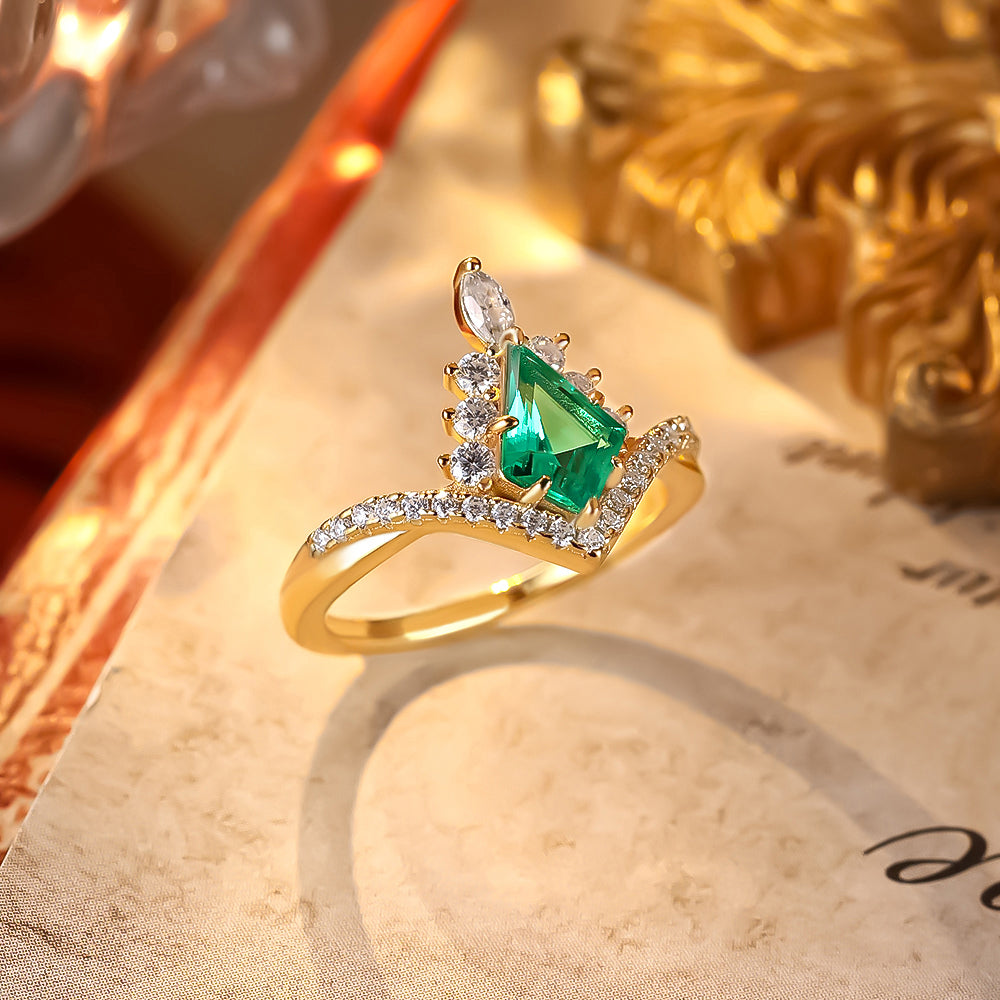 1.09 ct Kite Cut Lab Emerald Accents Engagement Ring