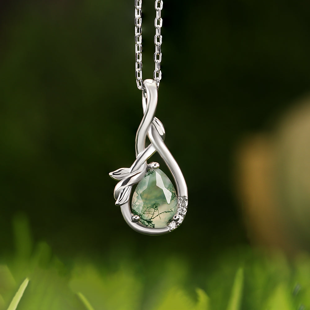 Natural 6x8mm Pear Cut Moss Agate Twisted Vine Pendant Necklace
