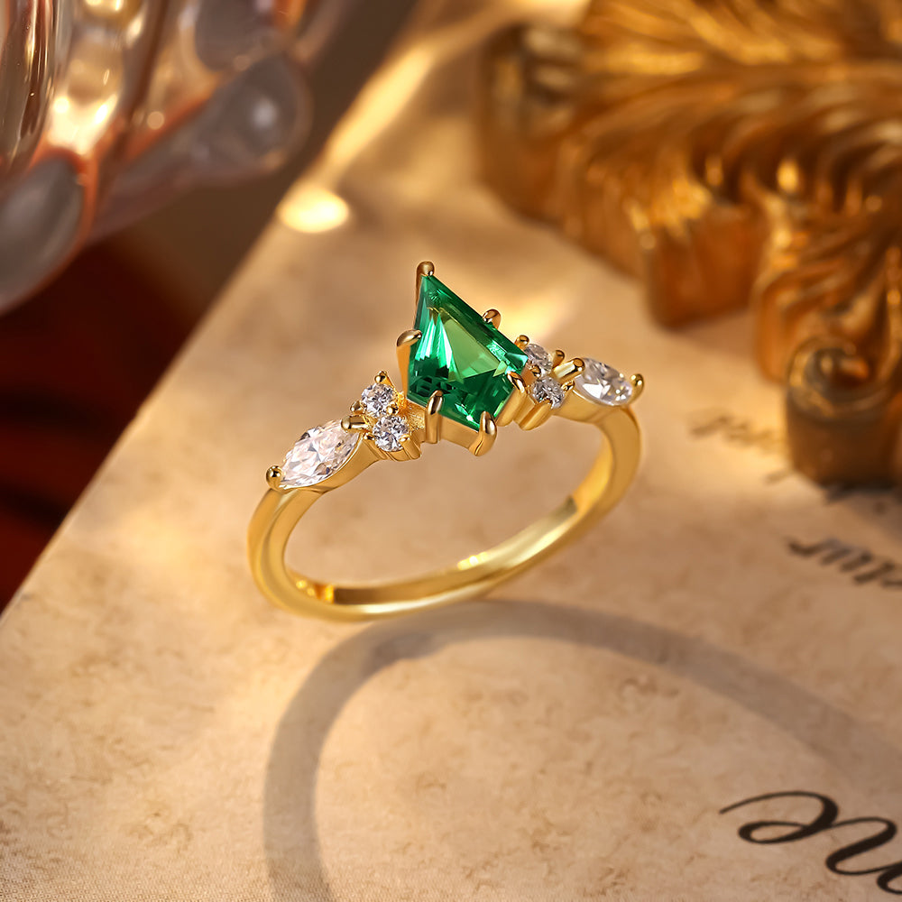 1.02 ct Kite Cut Lab Emerald Cluster Engagement Ring