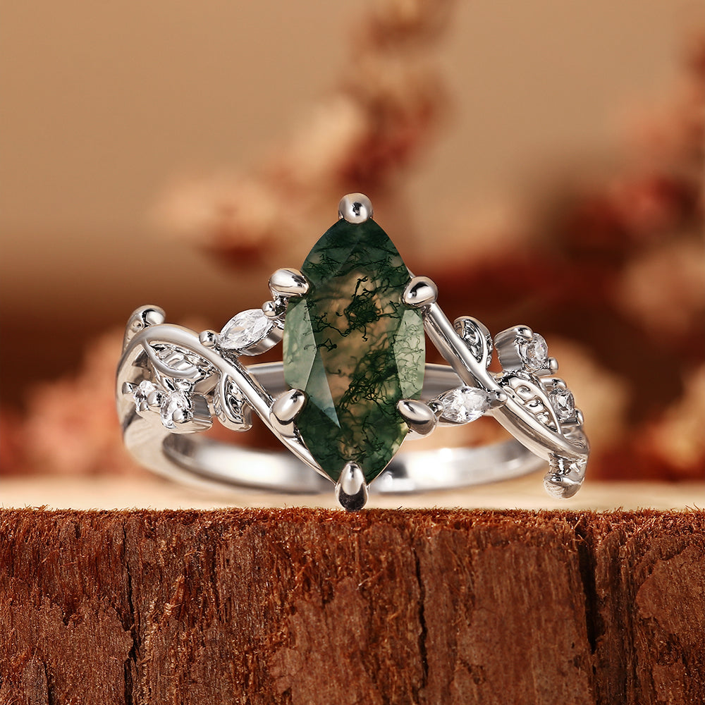 Marquise Cut Moss Agate Engagement Ring, Nature Inspired Leaf Vine Ring
