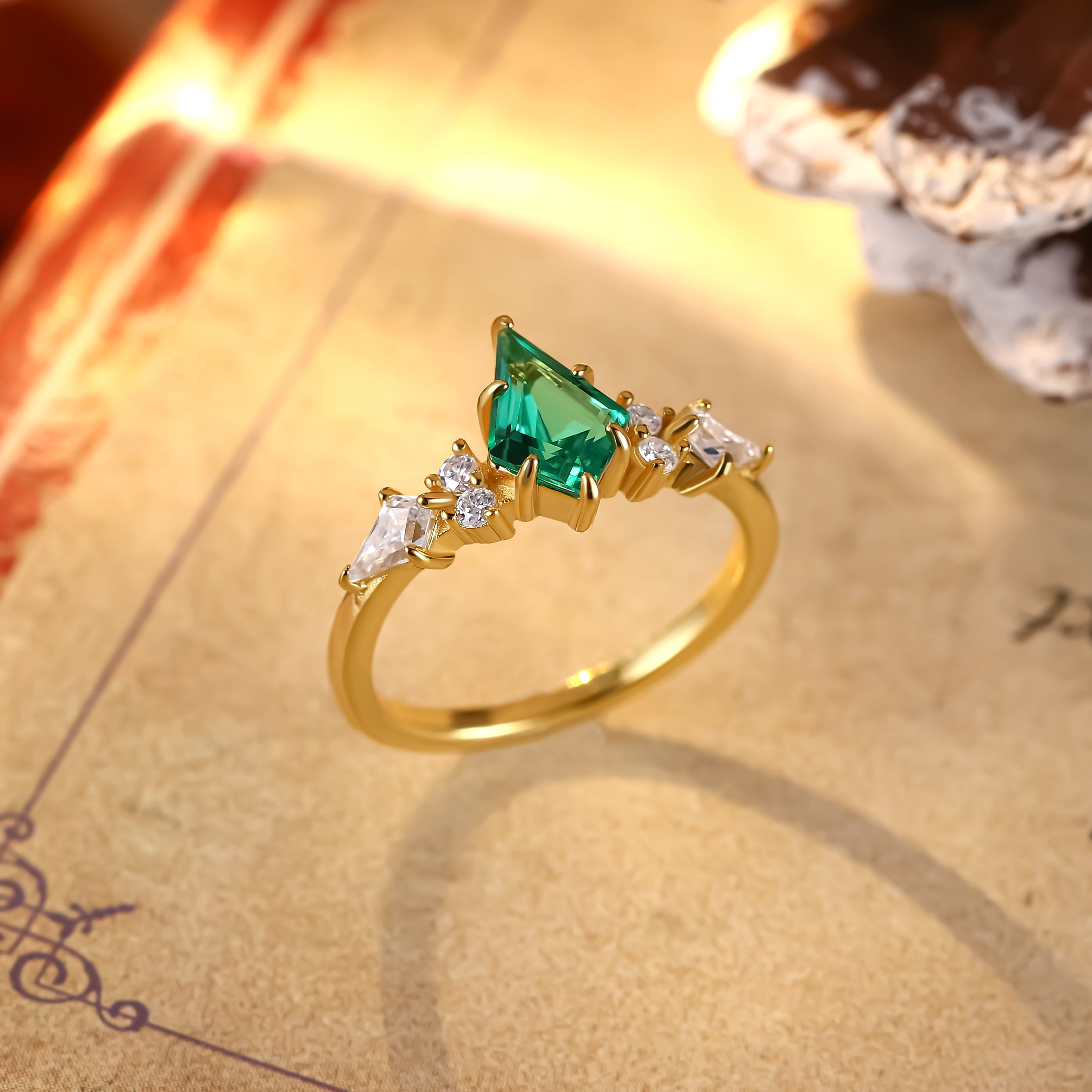 0.98 ct Kite Cut Lab Emerald Cluster Engagement Ring