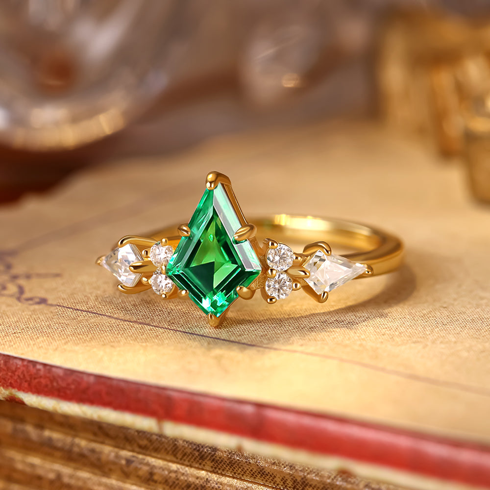 0.98 ct Kite Cut Lab Emerald Cluster Engagement Ring