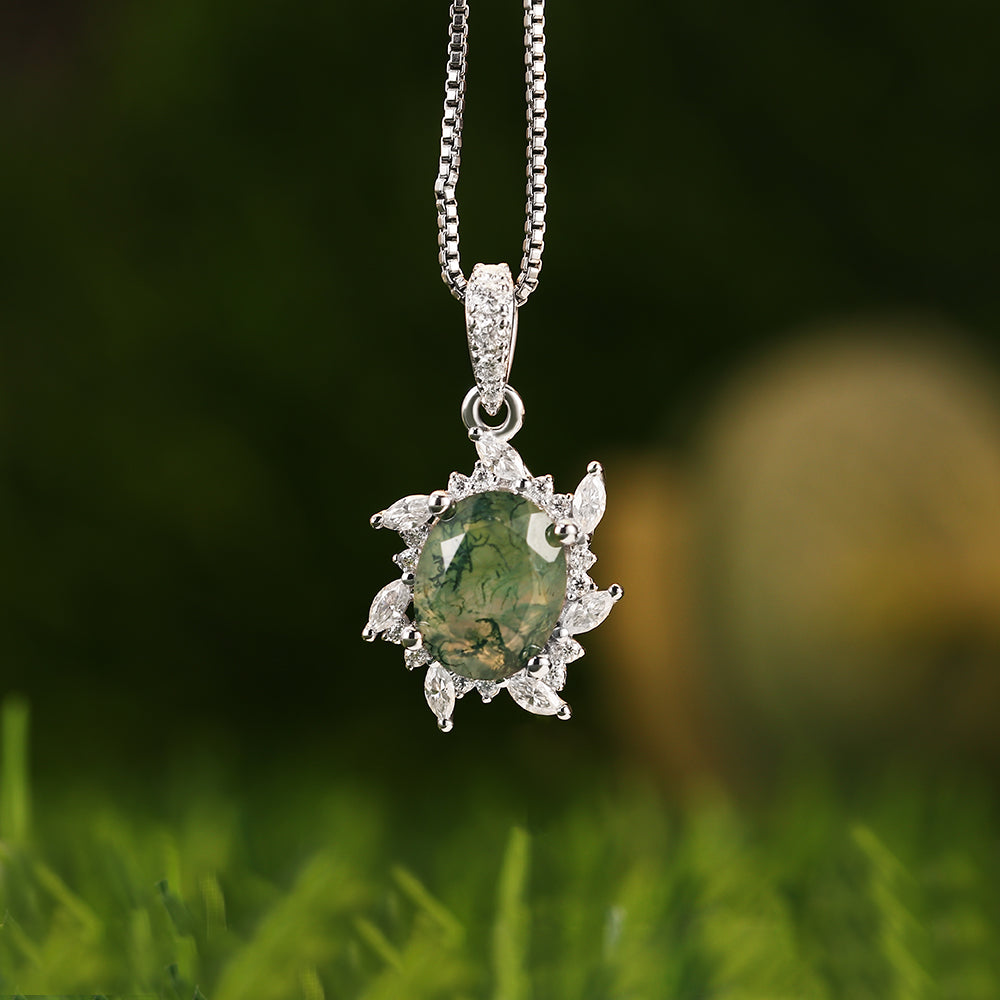 Floral Halo 7x9mm Oval Cut Natural Moss Agate Pendant Necklace