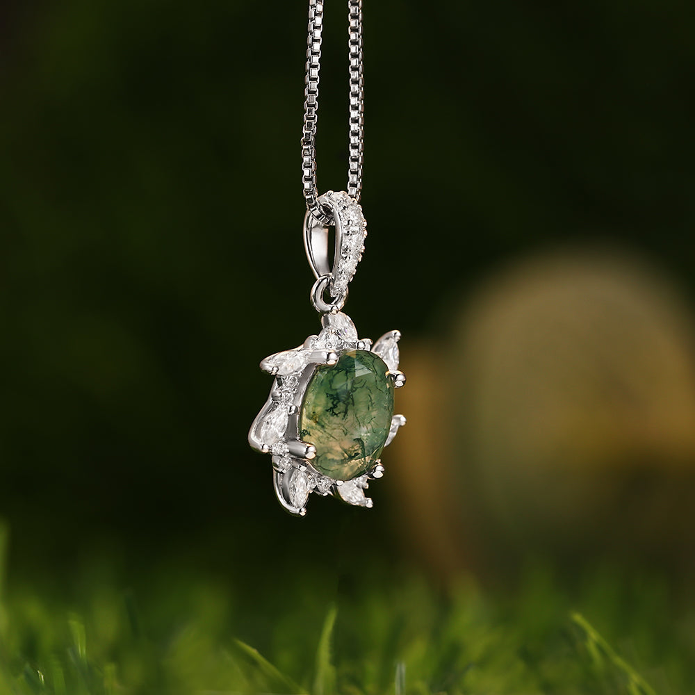 Floral Halo 7x9mm Oval Cut Natural Moss Agate Pendant Necklace