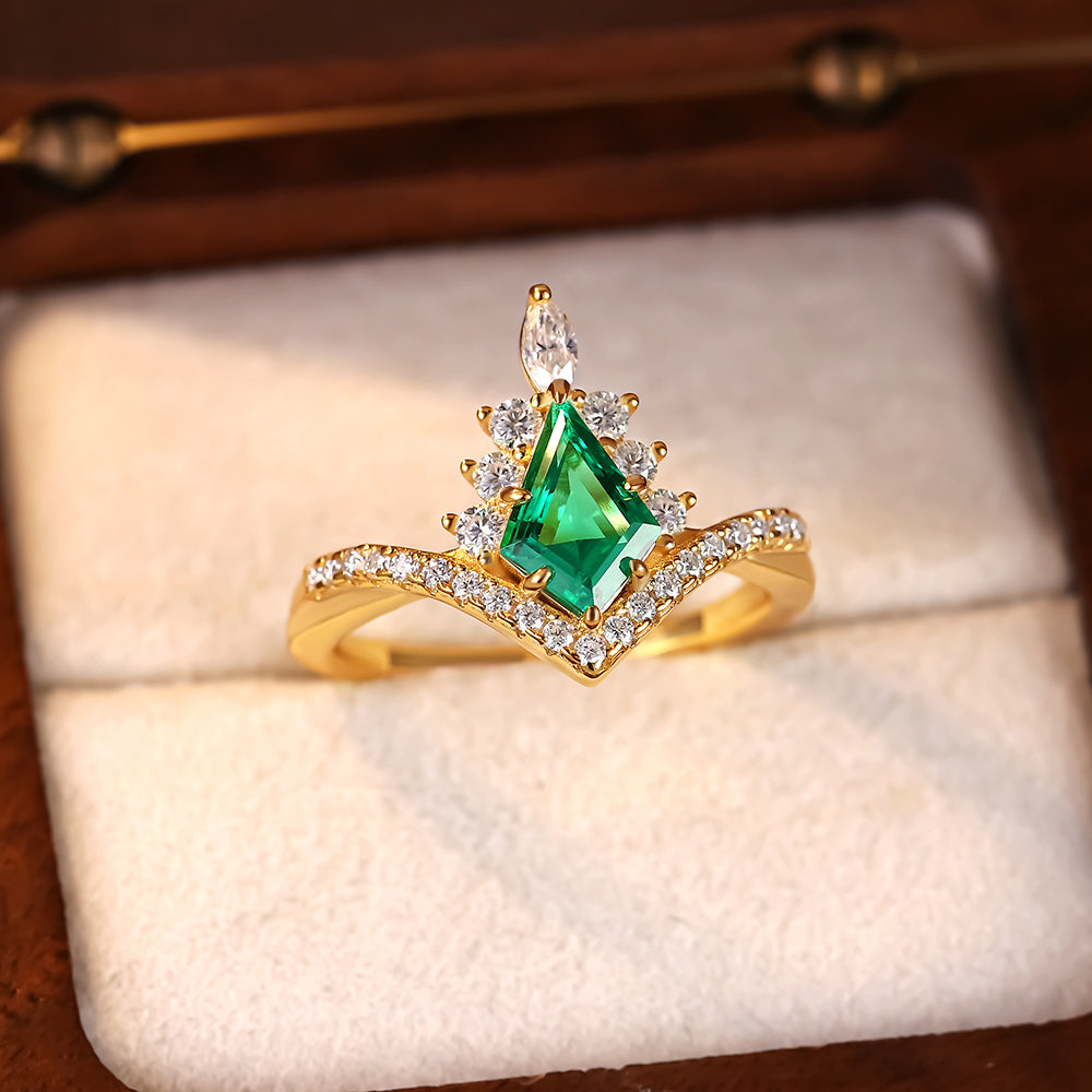 1.09 ct Kite Cut Lab Emerald Accents Engagement Ring