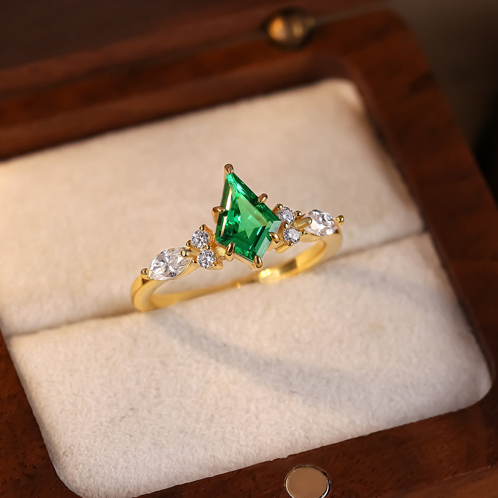 1.02 ct Kite Cut Lab Emerald Cluster Engagement Ring