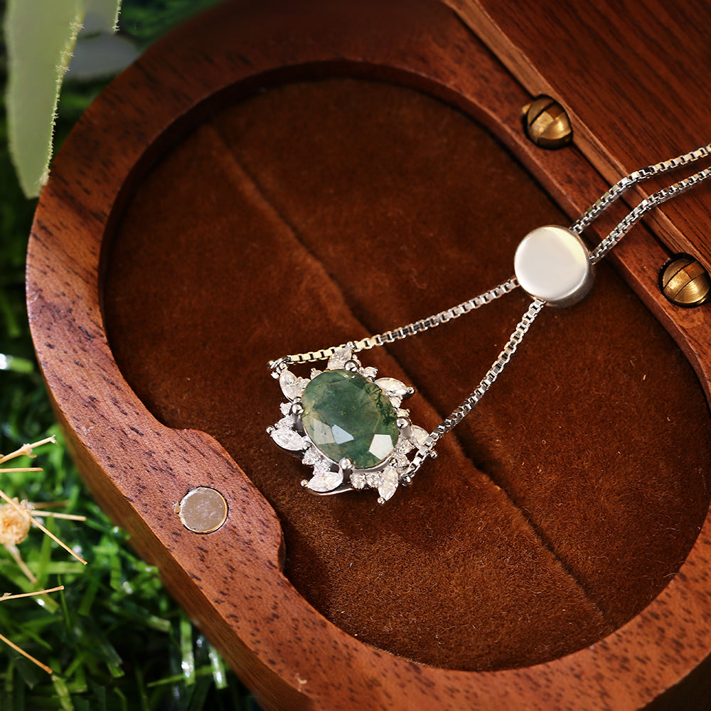 Floral Halo 7x9mm Oval Cut Natural Moss Agate Bracelet