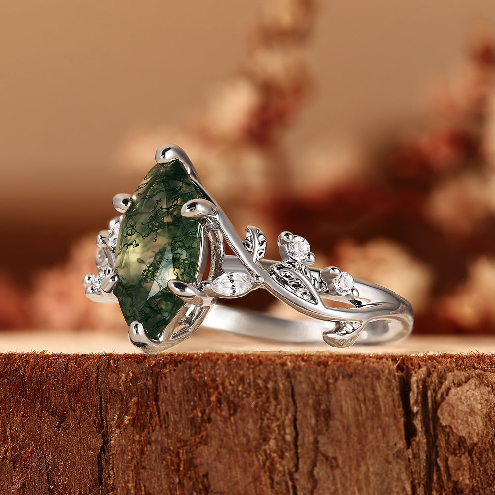 Marquise Cut Moss Agate Engagement Ring, Nature Inspired Leaf Vine Ring