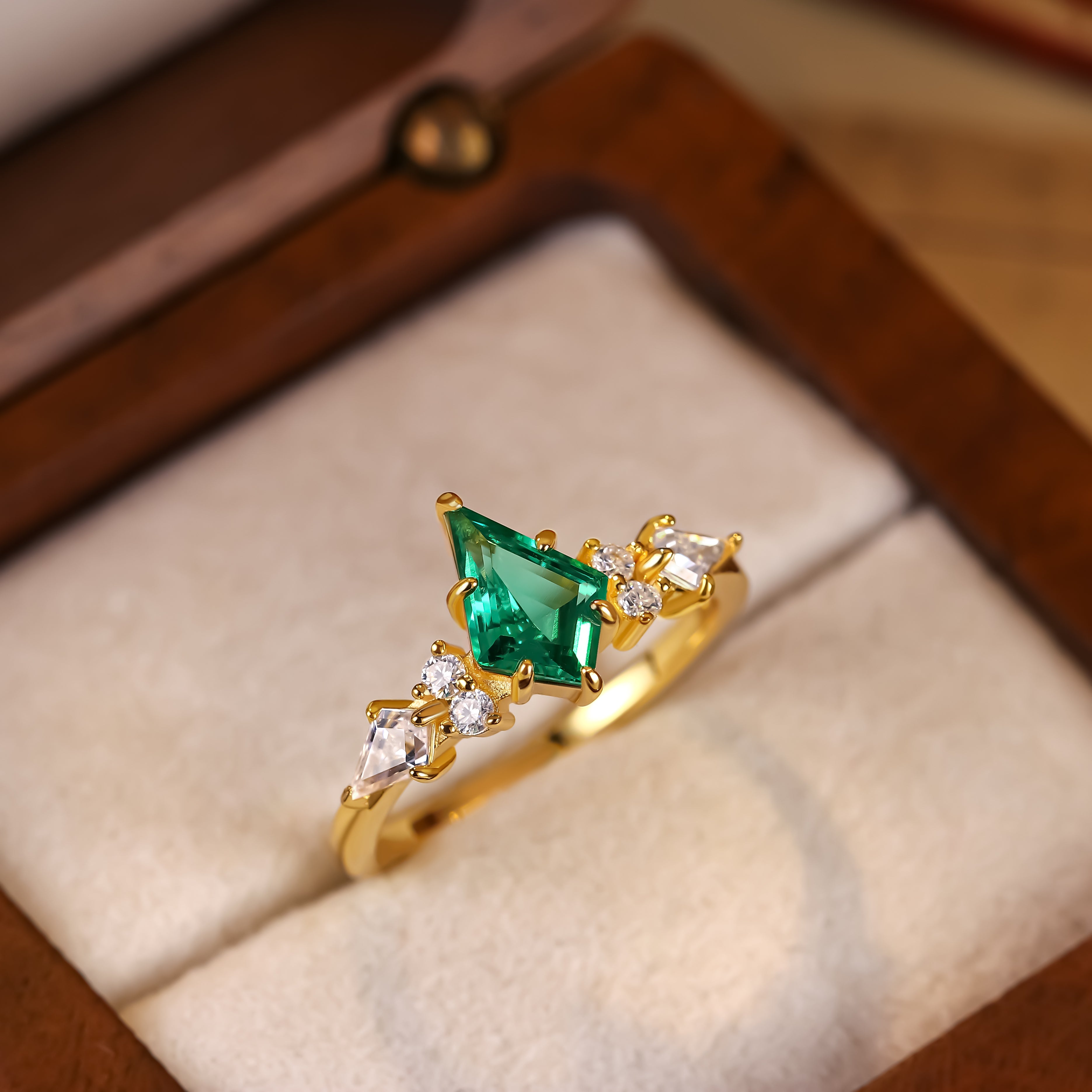0.98 ct Kite Cut Lab Emerald Cluster Engagement Ring