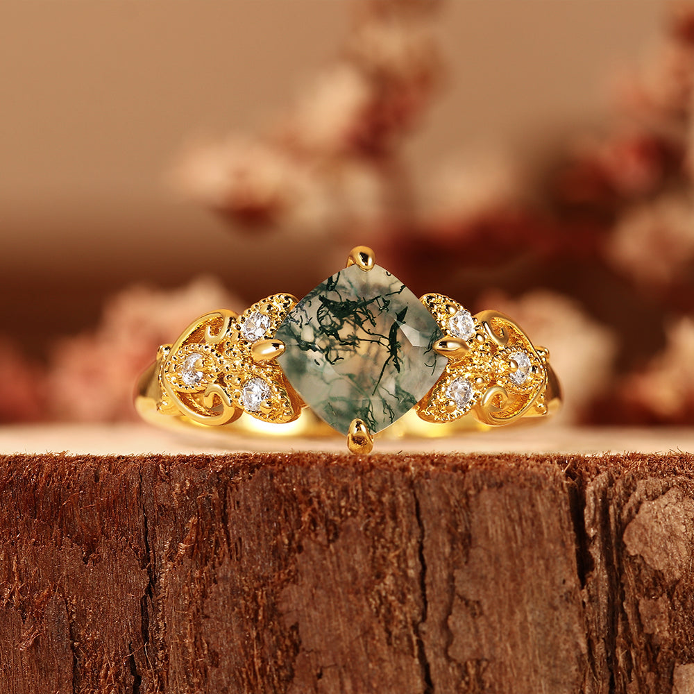 Vintage Inspired Cushion Cut Moss Agate Engagement Ring with Floral Detailing