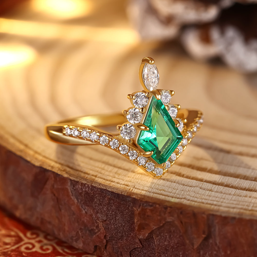 1.09 ct Kite Cut Lab Emerald Accents Engagement Ring