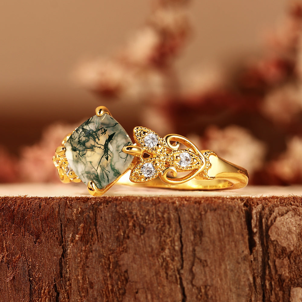 Vintage Inspired Cushion Cut Moss Agate Engagement Ring with Floral Detailing