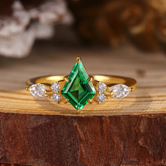 1.02 ct Kite Cut Lab Emerald Cluster Engagement Ring