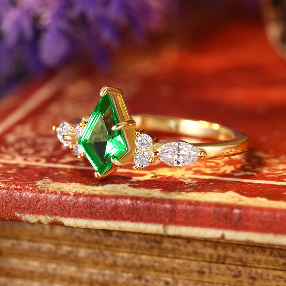 1.02 ct Kite Cut Lab Emerald Cluster Engagement Ring