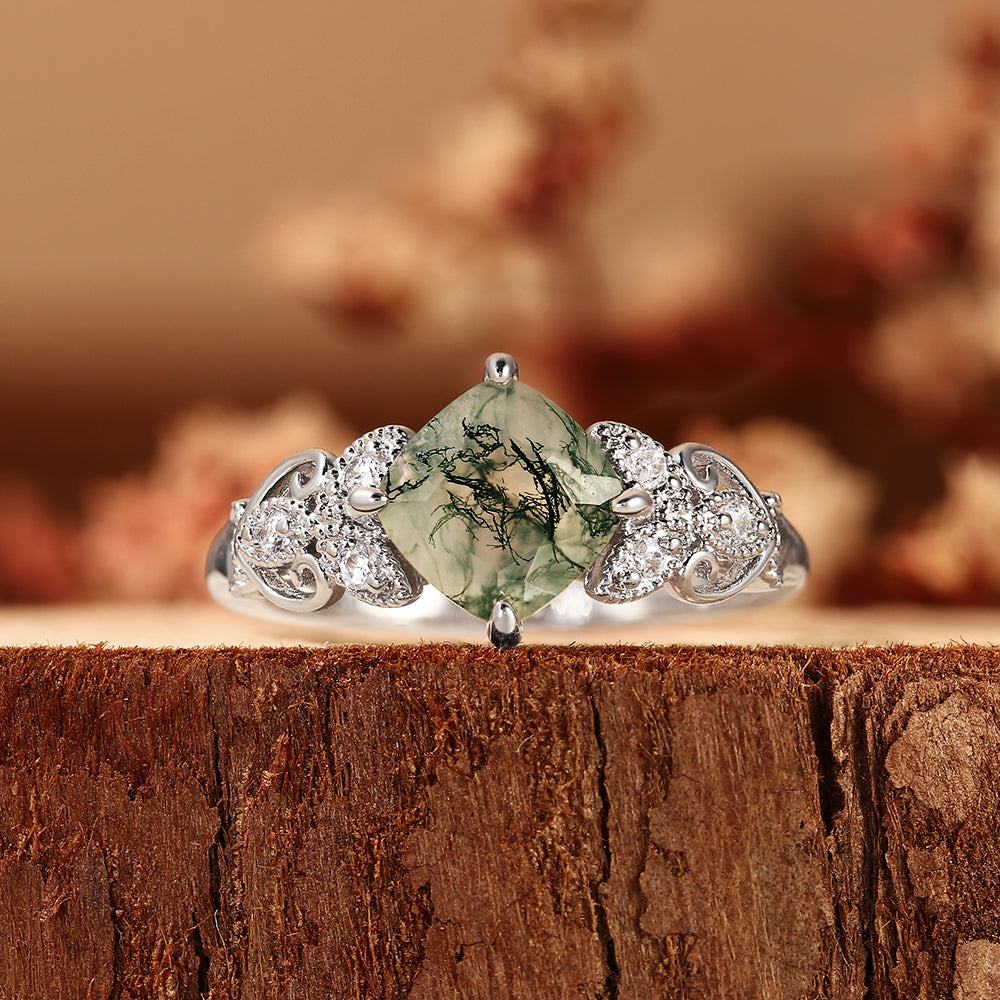 Vintage Inspired Cushion Cut Moss Agate Engagement Ring with Floral Detailing