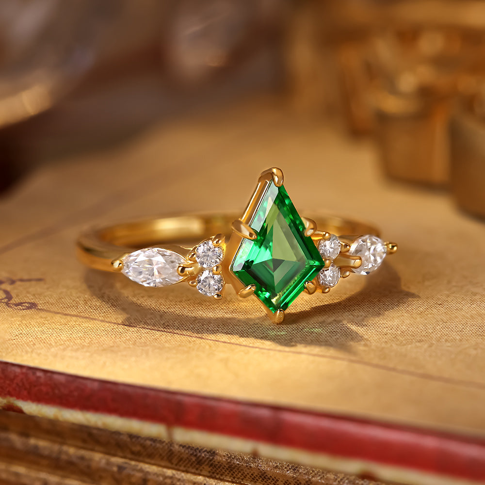 1.02 ct Kite Cut Lab Emerald Cluster Engagement Ring