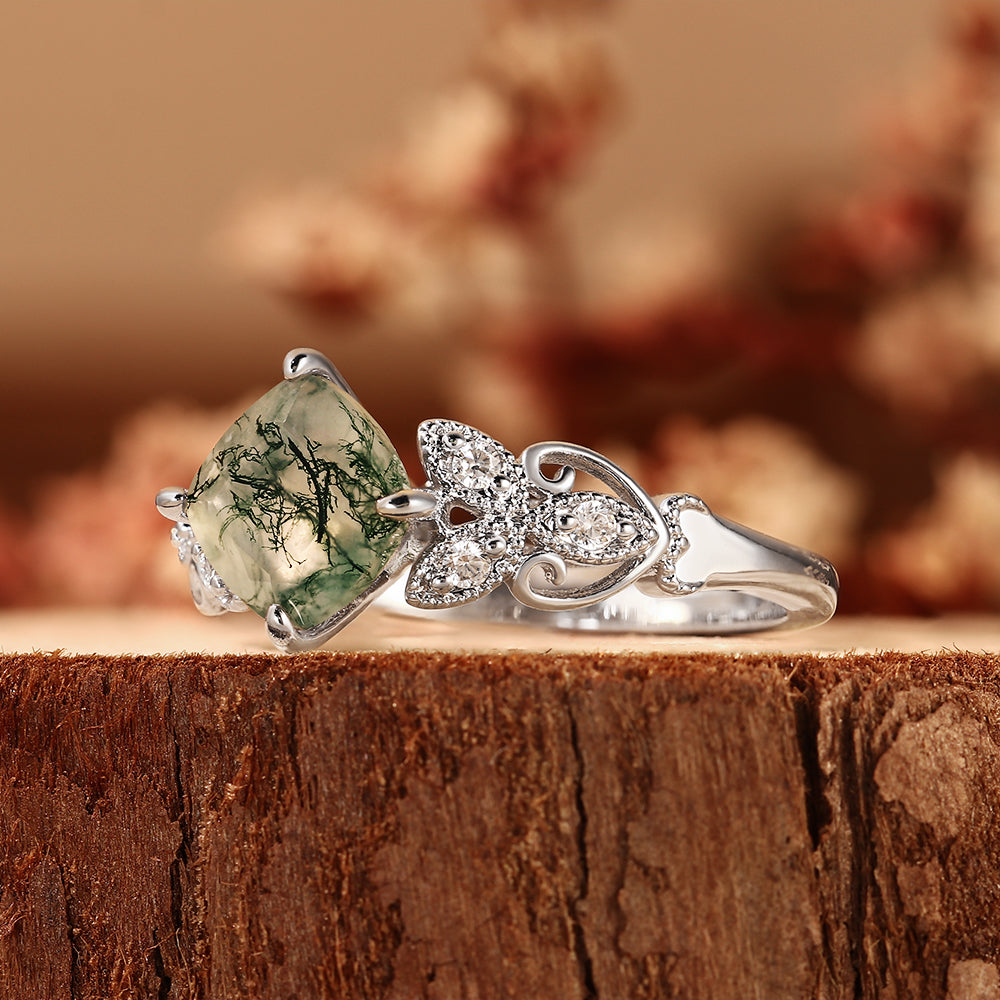 Vintage Inspired Cushion Cut Moss Agate Engagement Ring with Floral Detailing