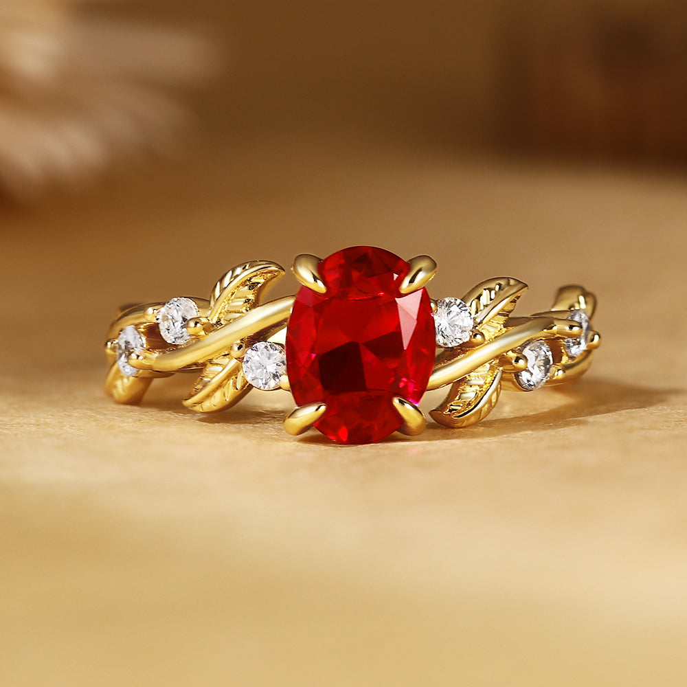 Nature Inspired Oval Cut Ruby Vine and Leaf Engagement Ring